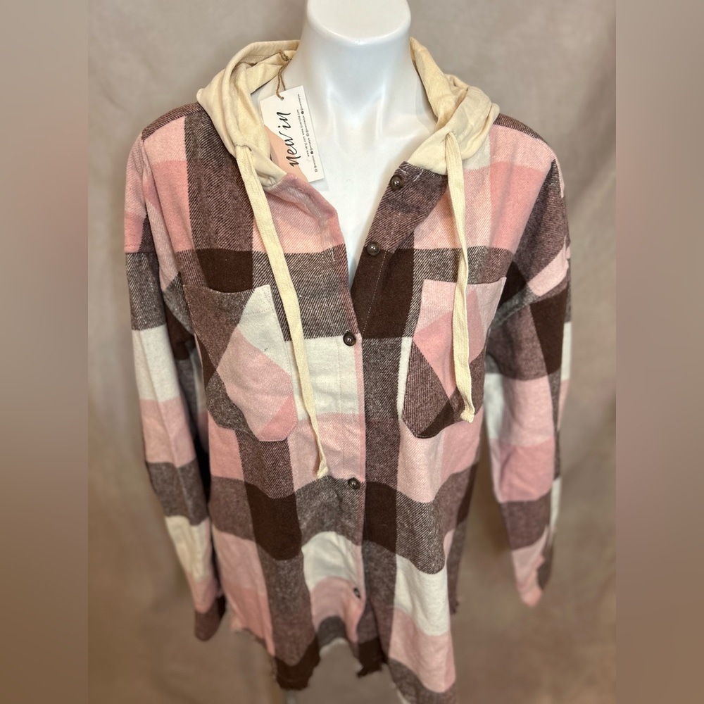 New In Hooded Plaid Button Up